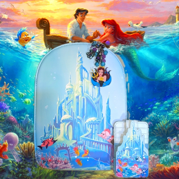 Loungefly Handbags - Loungefly The Little mermaid🧜‍♀️Castle Mini Backpack, Card Holder and charm!